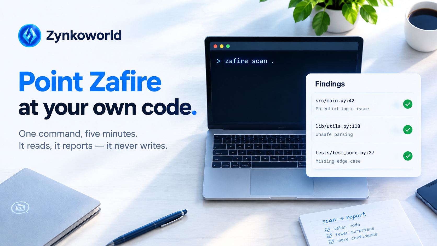 Point Zafire at your own code - one command, five minutes. It reads, it reports, it never writes.