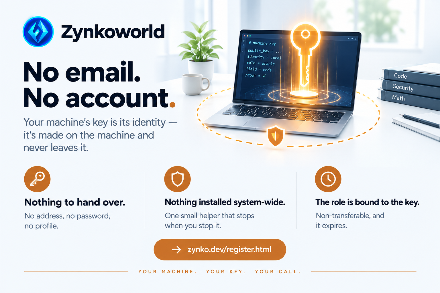 No email. No account. Your machine's key is its identity.