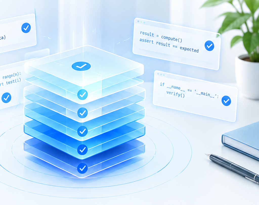 A stack of verified layers, each with a check mark - proven results that accumulate.